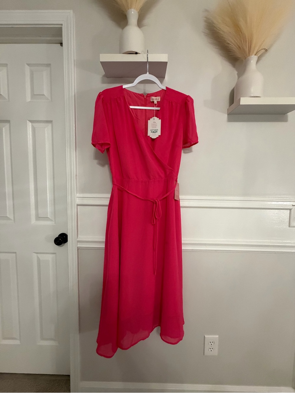 Ivy City Co Hot Pink Wrap Midi Dress with Tie Waist